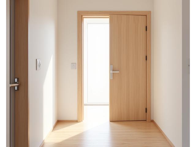 Wide, easily accessible doorway with handle at an accessible height, in a contemporary apartment setting.
