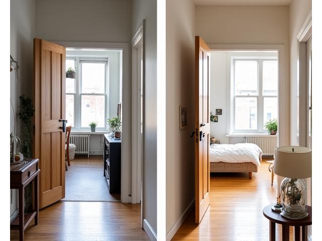 Modern urban apartment transformed with sleek, space-saving wooden doors, showcasing before and after. Clean lines, minimalist aesthetic.